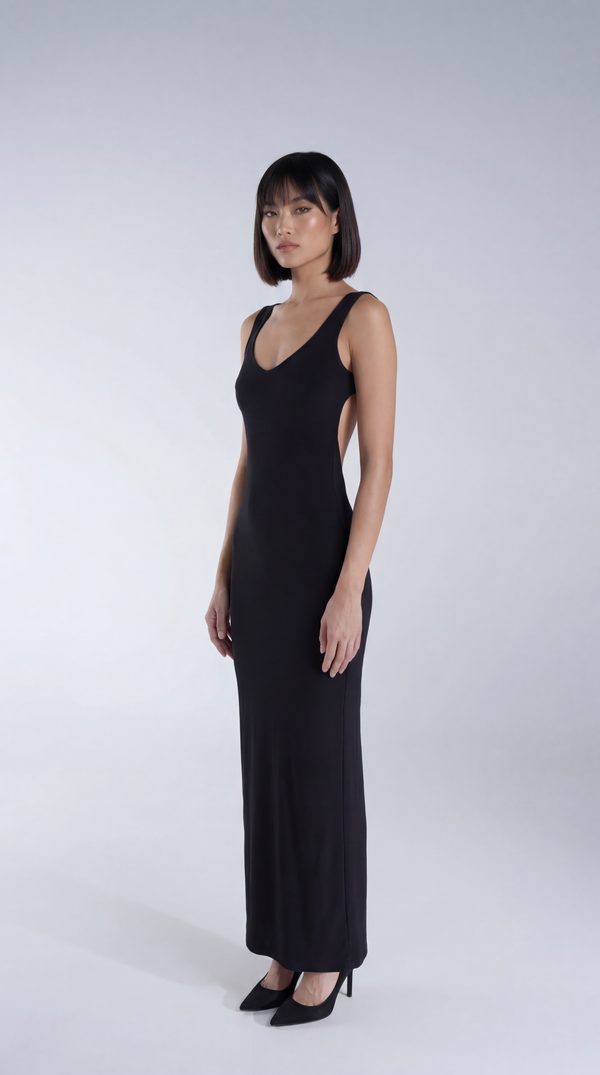 Robe longue dos nu plongeant sexy couleur noire – par EXCUS paris