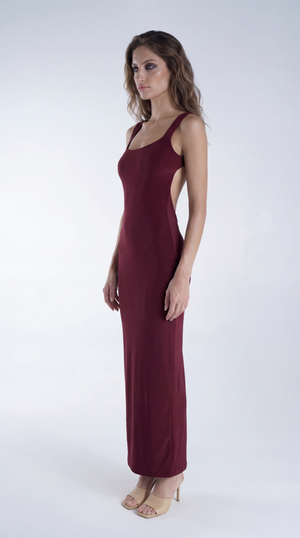 Robe longue dos nu plongeant sexy couleur bordeaux – par EXCUS paris