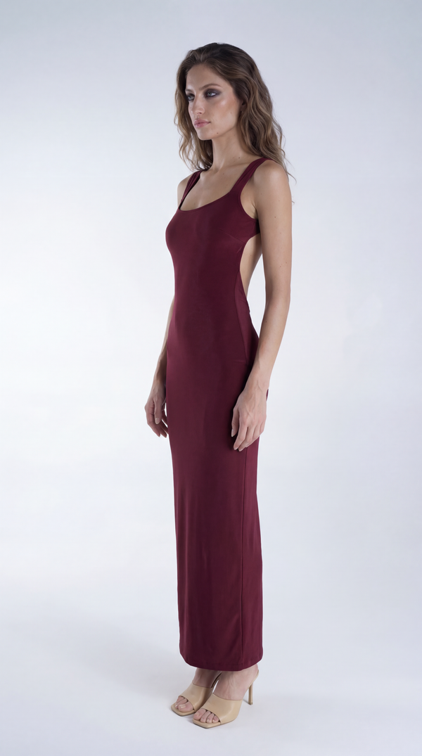 Robe longue dos nu plongeant sexy couleur bordeaux – par EXCUS paris