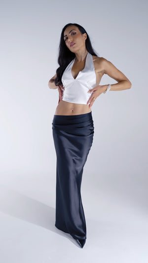 Ensemble deux pièces satin soirée haut dos nu jupe longue asymétrique Excus Paris