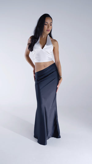 Ensemble deux pièces satin soirée haut dos nu jupe longue asymétrique Excus Paris