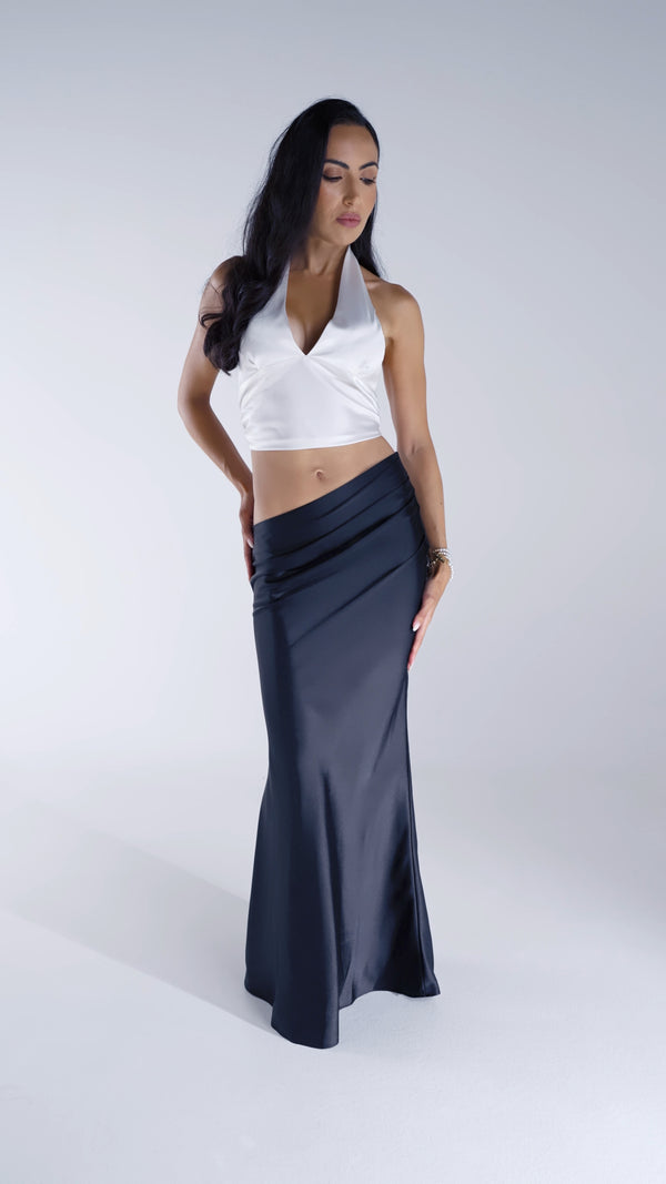 Ensemble deux pièces satin soirée haut dos nu jupe longue asymétrique Excus Paris